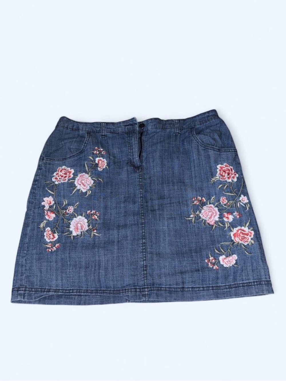 Karen Scott Blue Denim Mini Skirt with Pink Floral Embroidery